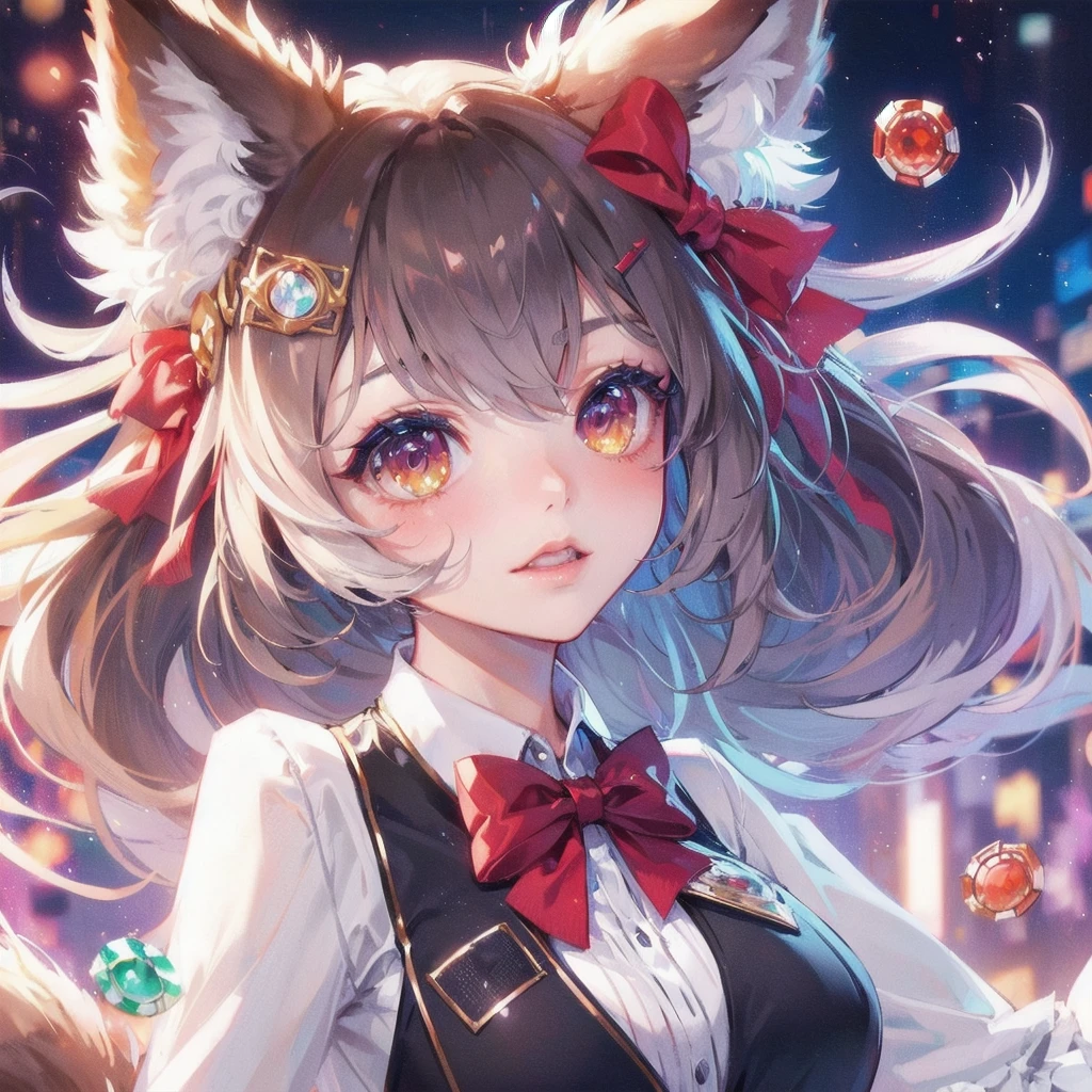 masterpiece, (textured skin), best quality, gorgeous beautiful, (a beautiful girl,wolf ears),detailed clothes,large breasts,narrow waist,, (beautiful face), cinematic lighting, (fantasy anime art ),