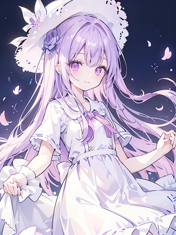Wearing a white dress、Girl in a straw hat、Purple long hair、And pink eyes、thin, white skin、Smiling at the camera with a bouquet of flowers、Flower Field、Clear skies、Petals are dancing