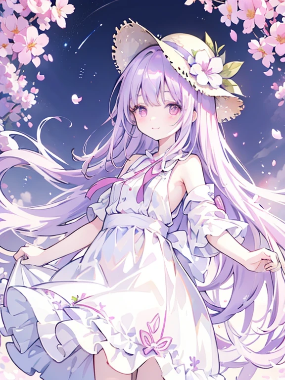 Wearing a white dress、Girl in a straw hat、Purple long hair、And pink eyes、thin, white skin、Smiling at the camera with a bouquet of flowers、Flower Field、Clear skies、Petals are dancing