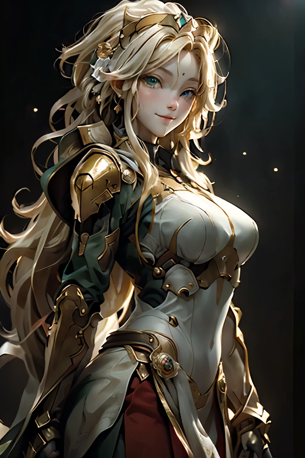 Ultra HD、Ultra-clear、White and beautiful translucent skin、Beautiful and well-proportioned face、Cute smile、Sagittarius Warrior、Covered entirely in golden armor、Holy knight in golden armor、Golden Tiara、Golden armor with ornate carvings covering the entire body、Heavy golden armor、Translucent beautiful green eyes、Blonde、Big Breasts、Outer space background、