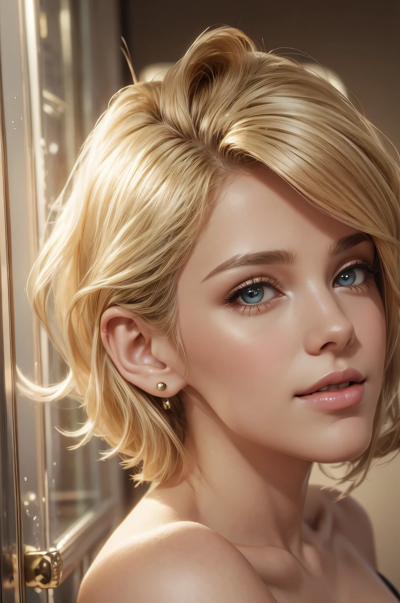 beautiful young woman with shoulder-length blonde hair styled in a wavy bob. She has dark green eyes, pale skin, and soft, natural makeup. She is wearing a simple white top and pearl stud earrings. The background is blurry and neutral. The image is highly realistic and detailed, with a focus on the woman's face and expression.
Style: Photorealistic, hyperrealistic, or 3D render.
Lighting: Soft, natural lighting.
Mood: Serene, calm, and confident.