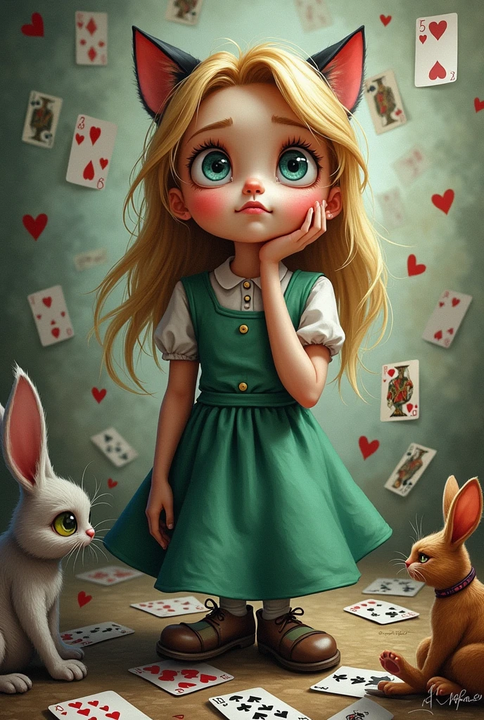 Draw a full-body portrait of Alice in Alice in Wonderland to capture a moment of deep contemplation. Her expression should be a mixture of curiosity and a hint of unease, as if she is deeply questioning reality and her place in it. Her large eyes should be wide open, reflecting a surreal world surrounded by playing cards. A smiling Cheshire cat, a clock, the Queen of Hearts, a caterpillar, a white rabbit, playing cards, inside Wonderland, etc. Lighting should be soft yet dramatic, casting gentle shadows that emphasise the depth of her thoughts. Her hair is slightly dishevelled, as if she has been on a long journey, and her iconic green catsuit is slightly slanted, adding to the pensive feel. The colour palette is a mix of soft pastels and dark, introspective tones, creating a balance between innocence and the complexity of her thoughts.