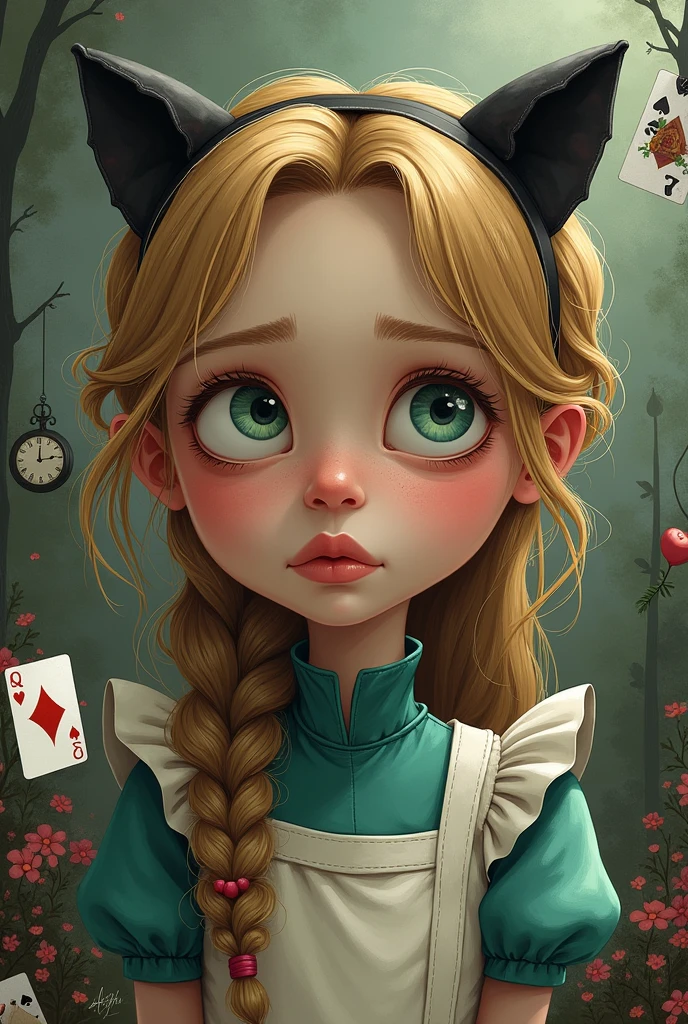 Draw a full-body portrait of Alice in Alice in Wonderland to capture a moment of deep contemplation. Her expression should be a mixture of curiosity and a hint of unease, as if she is deeply questioning reality and her place in it. Her large eyes should be wide open, reflecting a surreal world surrounded by playing cards. A smiling Cheshire cat, a clock, the Queen of Hearts, a caterpillar, a white rabbit, playing cards, inside Wonderland, etc. Lighting should be soft yet dramatic, casting gentle shadows that emphasise the depth of her thoughts. Her hair is slightly dishevelled, as if she has been on a long journey, and her iconic green catsuit is slightly slanted, adding to the pensive feel. The colour palette is a mix of soft pastels and dark, introspective tones, creating a balance between innocence and the complexity of her thoughts.