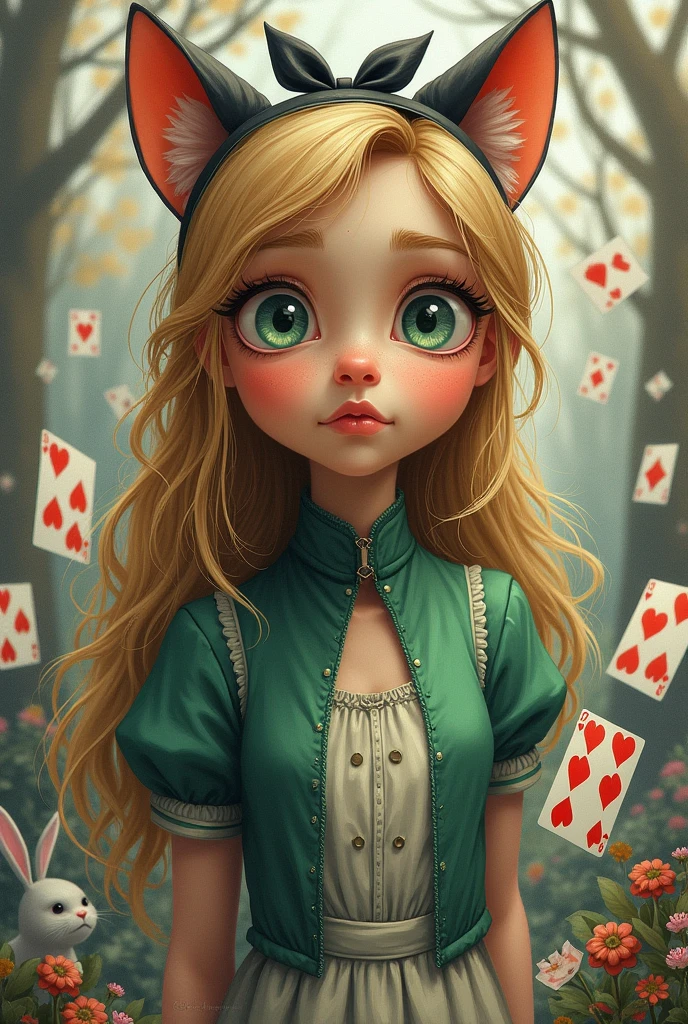 Draw a full-body portrait of Alice in Alice in Wonderland to capture a moment of deep contemplation. Her expression should be a mixture of curiosity and a hint of unease, as if she is deeply questioning reality and her place in it. Her large eyes should be wide open, reflecting a surreal world surrounded by playing cards. A smiling Cheshire cat, a clock, the Queen of Hearts, a caterpillar, a white rabbit, playing cards, inside Wonderland, etc. Lighting should be soft yet dramatic, casting gentle shadows that emphasise the depth of her thoughts. Her hair is slightly dishevelled, as if she has been on a long journey, and her iconic green catsuit is slightly slanted, adding to the pensive feel. The colour palette is a mix of soft pastels and dark, introspective tones, creating a balance between innocence and the complexity of her thoughts.