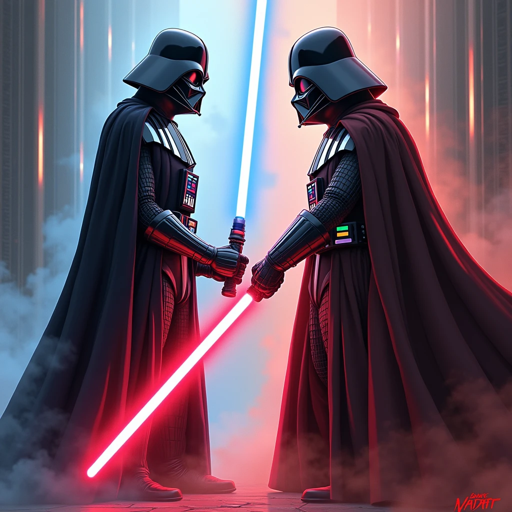 Draw a duel between a Jedi Master and a Sith Master、
Don't draw them both as Darth Vader、Please draw them with differences。