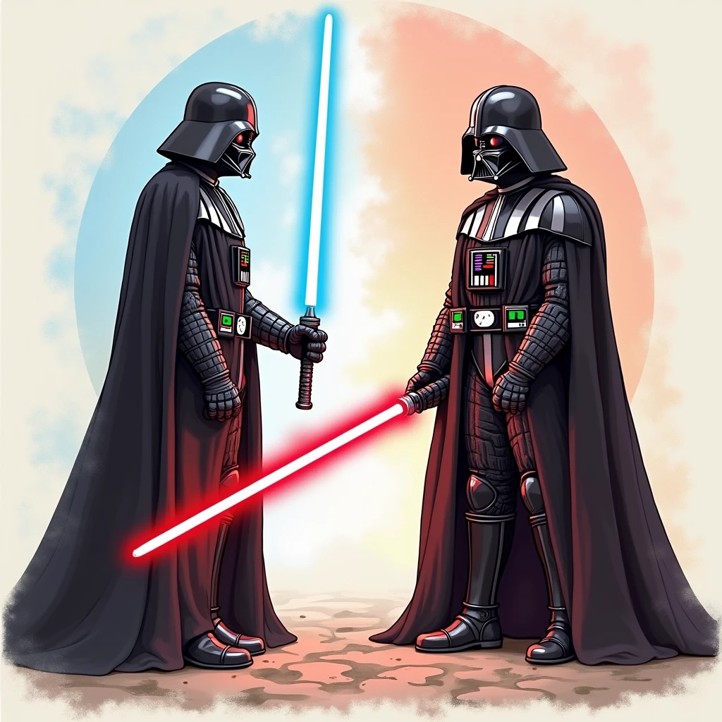 Draw a duel between a Jedi Master and a Sith Master、
Don't draw them both as Darth Vader、Please draw them with differences。