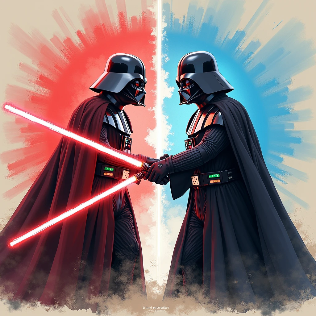 Draw a duel between a Jedi Master and a Sith Master、
Don't draw them both as Darth Vader、Please draw them with differences。