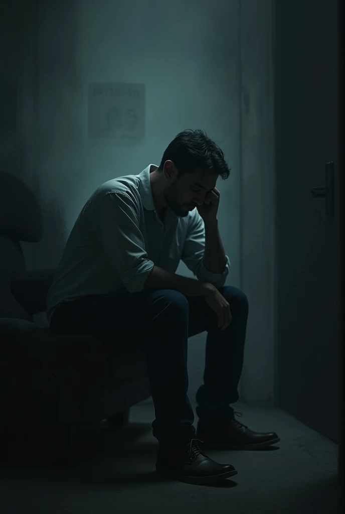 A somber, reflective scene of the man sitting alone in a dimly lit room. The atmosphere is heavy with doubt and fear, as he contemplates the supernatural events he experienced. The room is filled with dark shadows, and his face is etched with uncertainty and tension.