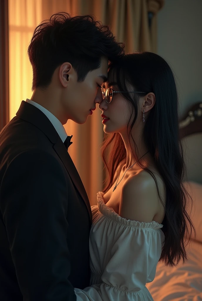 Superstar man, Korea look, innocent woman, glasses girl, wearing dress off top, long hair, indoors, bed in background, night, room, erotic 