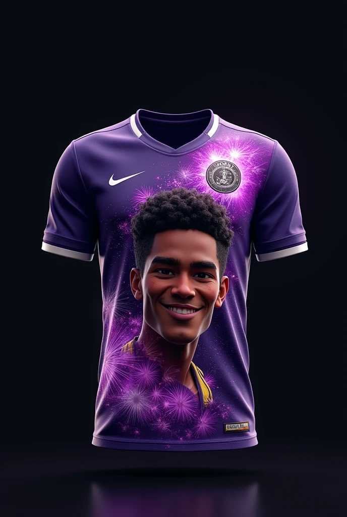Make a soccer jersey ,On the left side is printed Nike and on the right side a shield written 9B on a hanger with a black background, with a Nike printed design and a very detailed Danoninho design with purple fireworks detailed with black and many more very detailed and realistic phoenix things