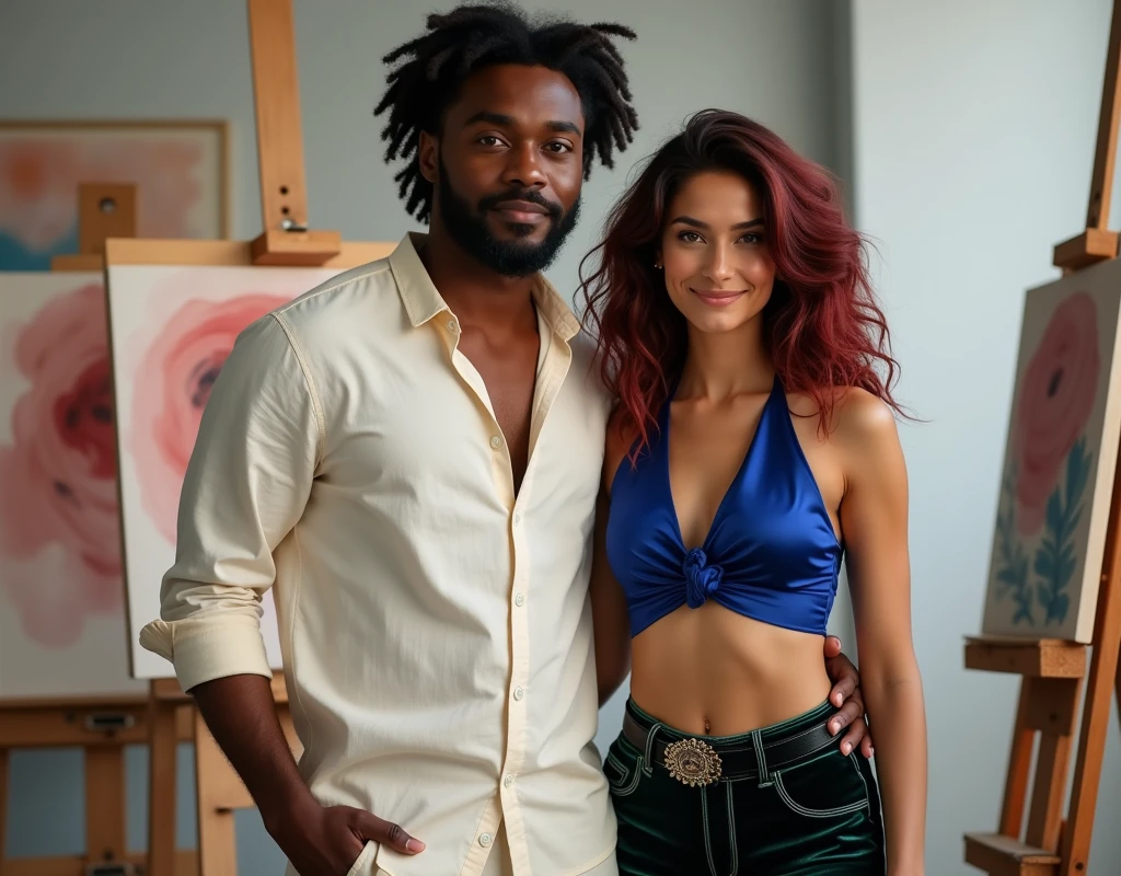 Attractive French-Nubian mixed race man with side part wavy hair and dark skin, wearing a relaxed cream shirt and complementary pants, holding a paintbrush, standing next to a much shorter pale young woman in a paint studio. The man has a kind expression; the woman has a soft smile, vibrant maroon layered wavy chest-length hair, wearing a sapphire blue silk halter top, black velvet shorts with a green sheen, a thick black belt, and red wedge sandals.