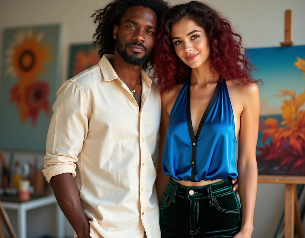Attractive French-Nubian mixed race man with side part wavy hair and dark skin, wearing a relaxed cream shirt and complementary pants, holding a paintbrush, standing next to a much shorter pale young woman in a paint studio. The man has a kind expression; the woman has a soft smile, vibrant maroon layered wavy chest-length hair, wearing a sapphire blue silk halter top, black velvet shorts with a green sheen, a thick black belt, and red wedge sandals.