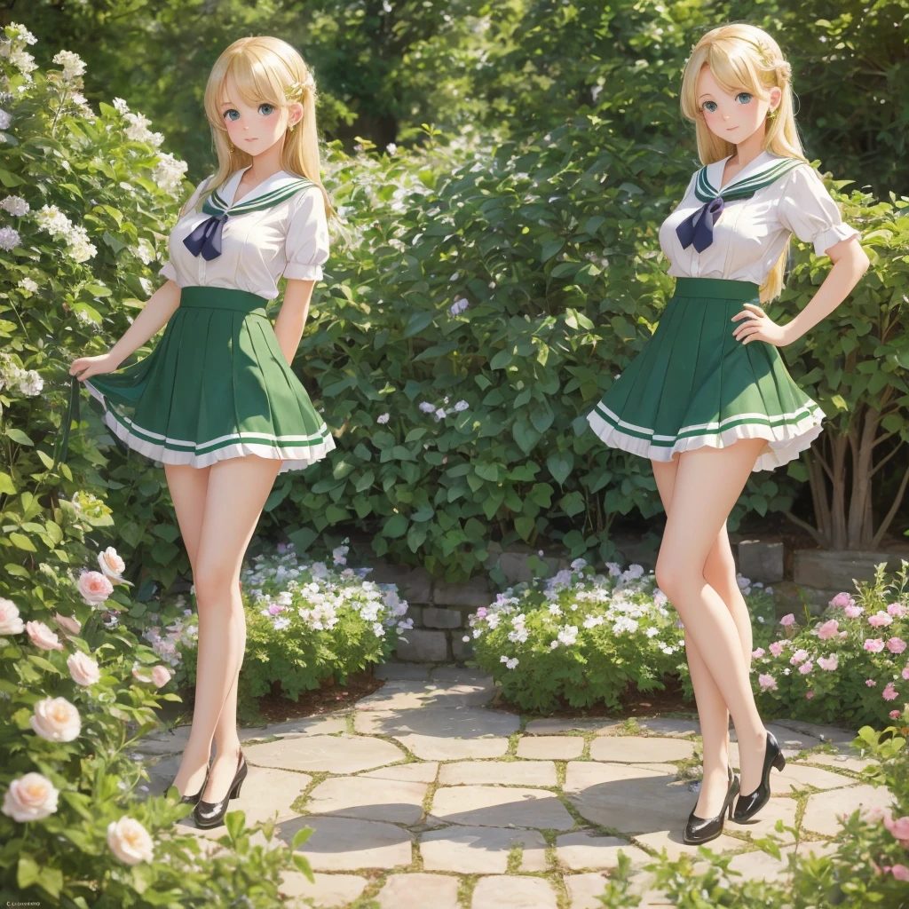 3 girls, long hair, Big breasts , Blushing, blond, Green-eyed sailor suit short skirt 1933 style cute and beautiful girl 18 years old in the garden beautiful long legs high resolution, best quality, masterpiece, Lift skirt mini skirt take off clothes