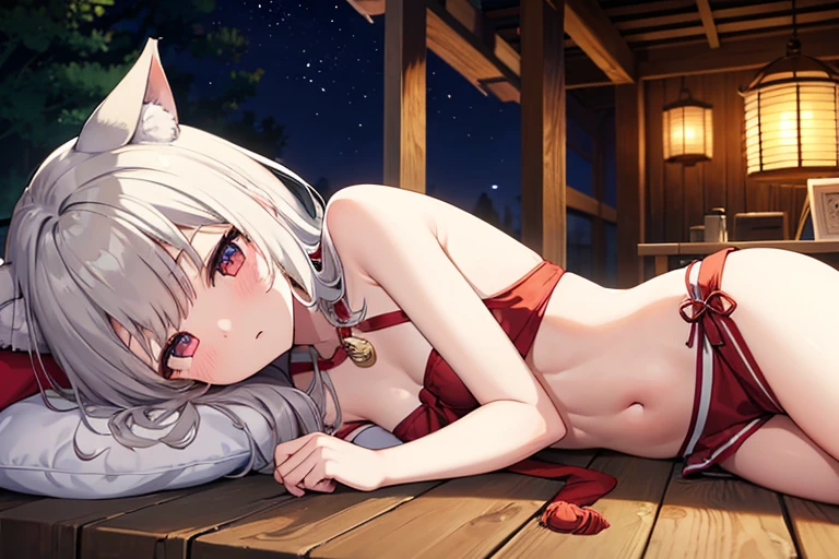 2girls cute (2girls Wolf ears Brown Shortcut White shortcuts) Petite Normal chest Thin thighs first round Shrine maiden The background is a forest at night