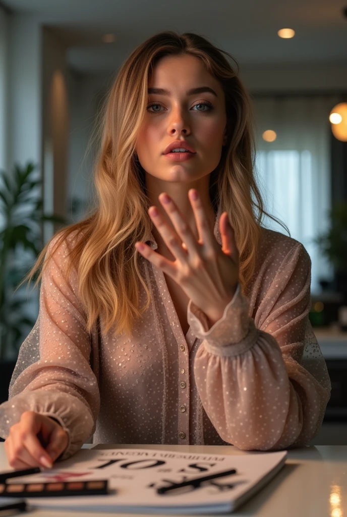 A woman is creating content about fashion and makeup in front of the camera.