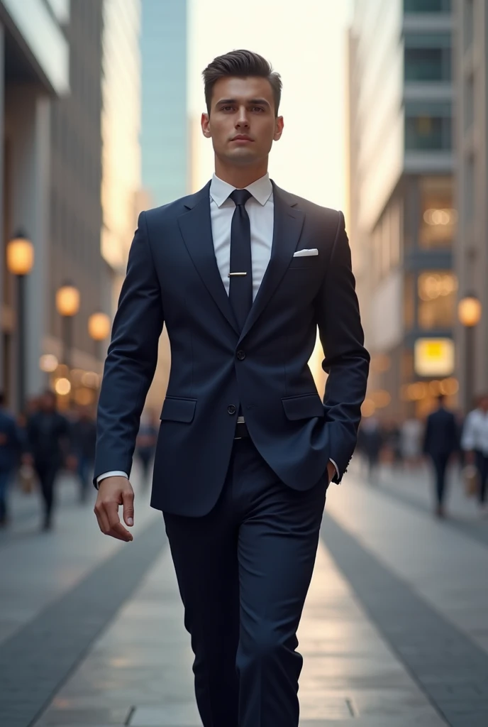 Imagine a young business executive, com cerca de 25 anos, On Nova Youke Street . He wears an elegant flawless cut suit and a well-fitting tie. His carefully styled hair shows a touch of sophistication, and his eyes reflect determination and ambition. highlights his confident and focused expression