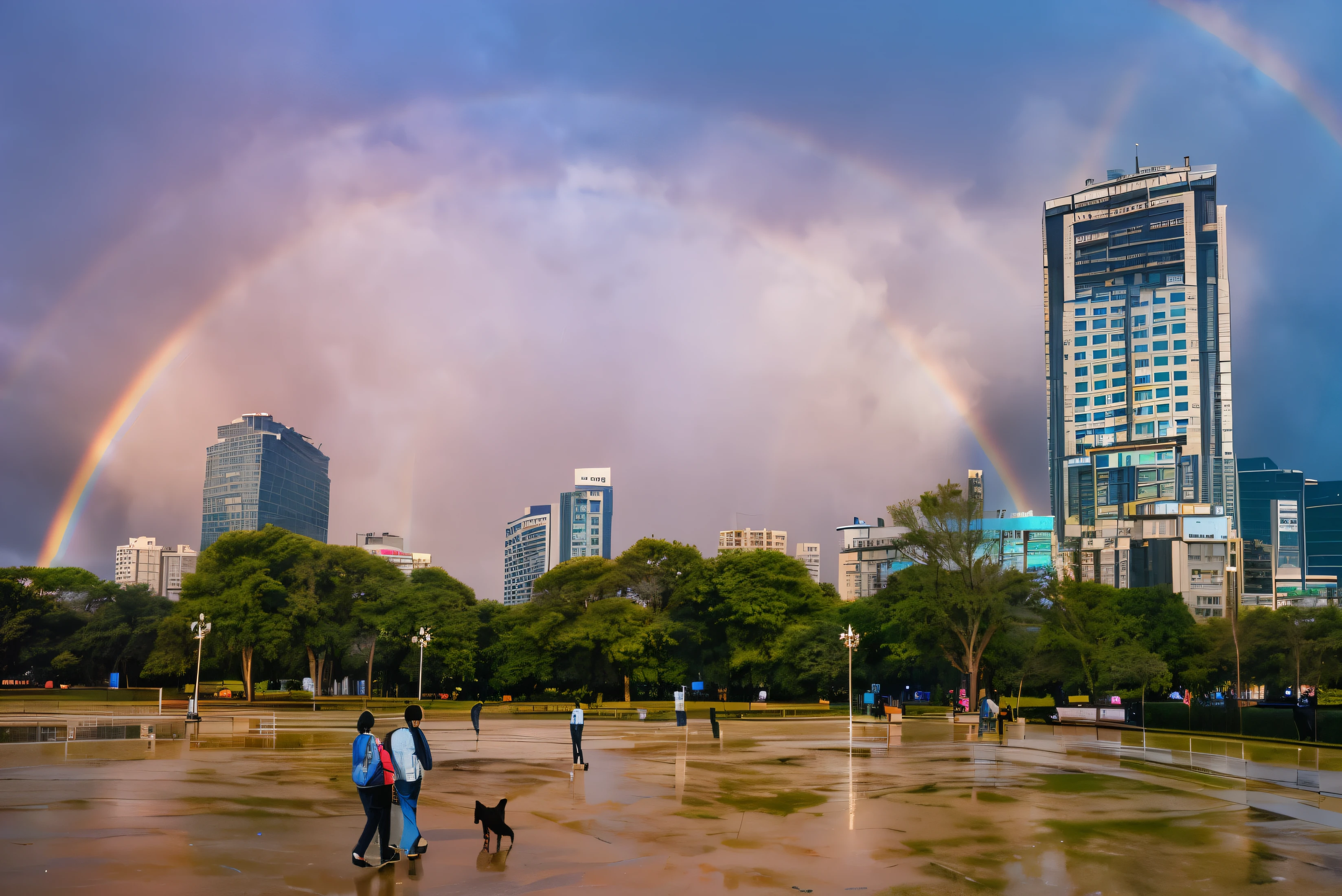 There are people walking in the park with a rainbow in the sky, Bangalore, Double rainbow 8 k, author:Sim Che Tsai, By Joze Chuha, Double rainbow, Double rainbow ophanim, author:Hristofo Zhefarovich, author:Yi Zai Guan, Double rainbow reflections, Magnificent ultra-wide angle,RAW,uhd,8k,Detailed Details,Best quality,Perfect color matching,Cinematic atmosphere,Masterpieces shot by international photography masters,National Geographic Photography Award Winners,square,High-rise,Double rainbow after the rain
