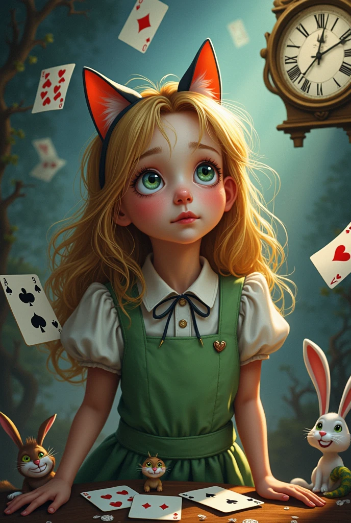 Draw a full-body portrait of Alice in Alice in Wonderland to capture a moment of deep contemplation. Her expression should be a mixture of curiosity and a hint of unease, as if she is deeply questioning reality and her place in it. Her large eyes should be wide open, reflecting a surreal world surrounded by playing cards. A smiling Cheshire cat, a clock, the Queen of Hearts, a caterpillar, a white rabbit, playing cards, inside Wonderland, etc. Lighting should be soft yet dramatic, casting gentle shadows that emphasise the depth of her thoughts. Her hair is slightly dishevelled, as if she has been on a long journey, and her iconic green catsuit is slightly slanted, adding to the pensive feel. The colour palette is a mix of soft pastels and dark, introspective tones, creating a balance between innocence and the complexity of her thoughts.