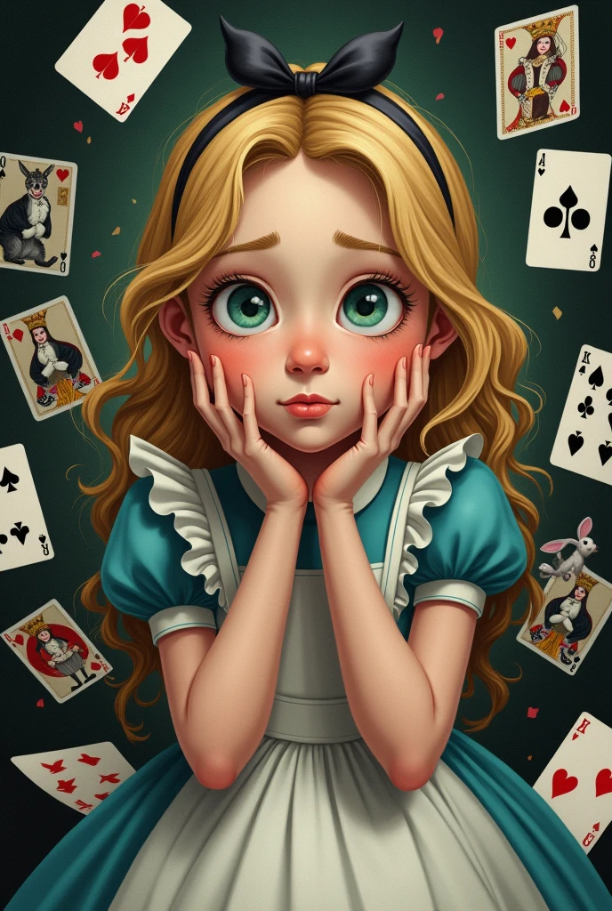 Draw a full-body portrait of Alice in Alice in Wonderland to capture a moment of deep contemplation. Her expression should be a mixture of curiosity and a hint of unease, as if she is deeply questioning reality and her place in it. Her large eyes should be wide open, reflecting a surreal world surrounded by playing cards. A smiling Cheshire cat, a clock, the Queen of Hearts, a caterpillar, a white rabbit, playing cards, inside Wonderland, etc. Lighting should be soft yet dramatic, casting gentle shadows that emphasise the depth of her thoughts. Her hair is slightly dishevelled, as if she has been on a long journey, and her iconic green catsuit is slightly slanted, adding to the pensive feel. The colour palette is a mix of soft pastels and dark, introspective tones, creating a balance between innocence and the complexity of her thoughts.