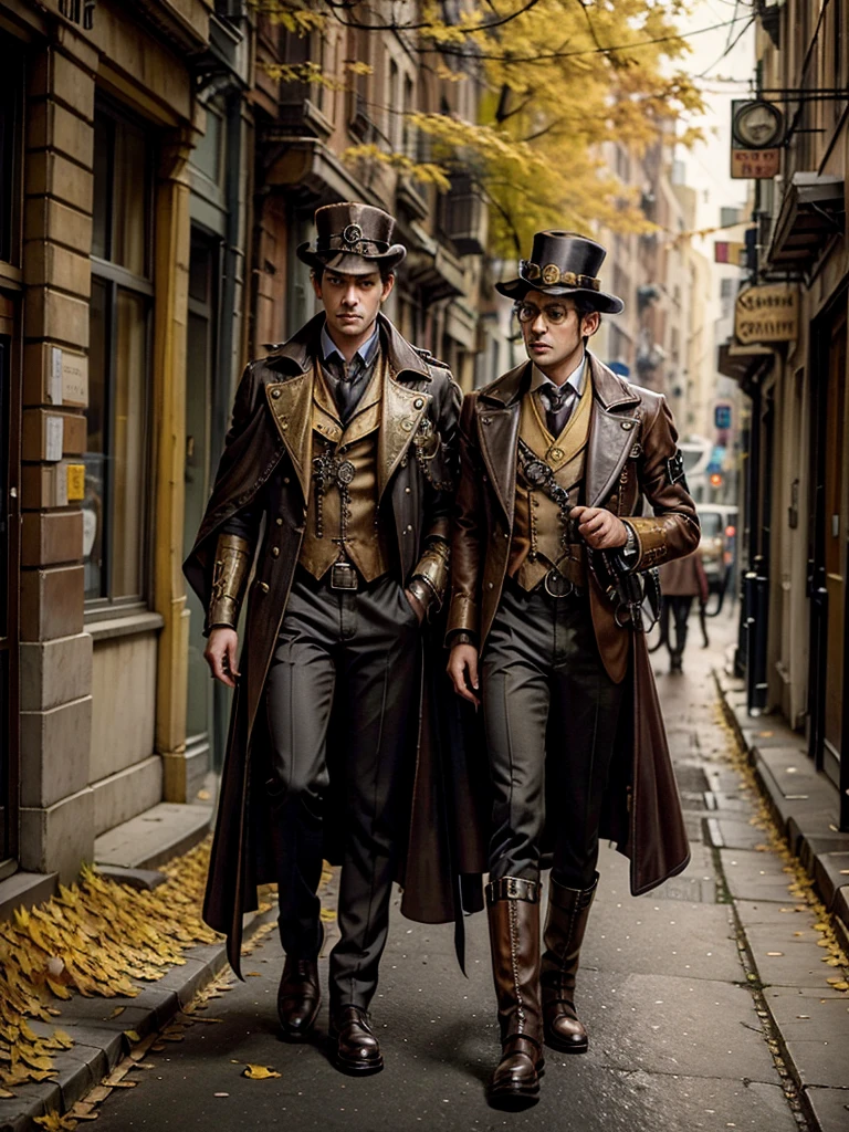 Steampunk style, male detective with a dog, on the streets of an old autumn city, yellow leaves, detailed face, big eyes, mysterious, detective's cloak, boots, suit, rich colors, steampunk style