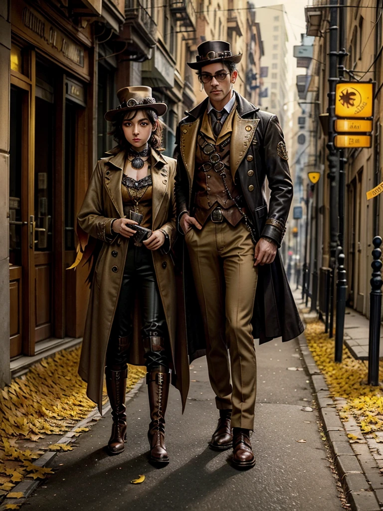 Steampunk style, male detective with a dog, on the streets of an old autumn city, yellow leaves, detailed face, big eyes, mysterious, detective's cloak, boots, suit, rich colors, steampunk style