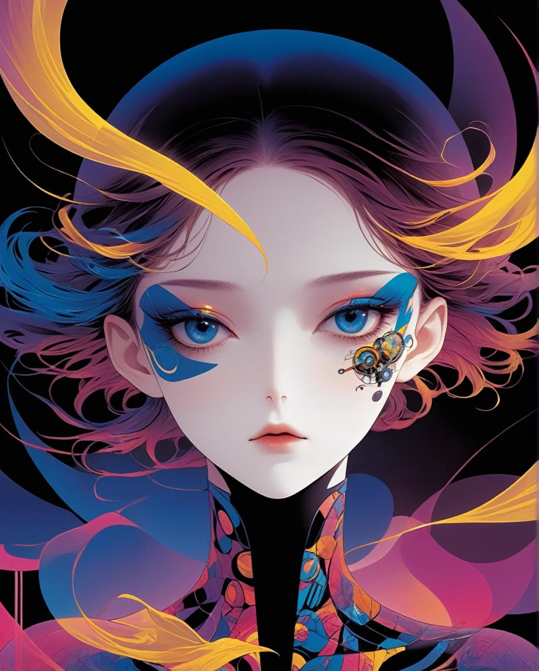 Art style by Yoshitaka Amano, Art style by Takato Yamamato, Art style by Ayami Kojima, (Masterpiece, Top Quality, Super Detail, High Resolution, Best Illustration), 1990s (style), 1980s (style), retro art style, Highest image quality, 90s style anime, Imagine a half-cyborg character in a Neo pop art style, with exaggerated features and a palette of vibrant, clashing colors. The character has a mix of mechanical and organic features, with one side of their face revealing robotic elements. The background is a burst of retro patterns, inspired by 80’s and 90’s anime, with a mix of geometric shapes, neon hues, and iconic symbols like vinyl records and VHS tapes. The portrait should be lively and eye-catching, perfect for modern art or advertisements.