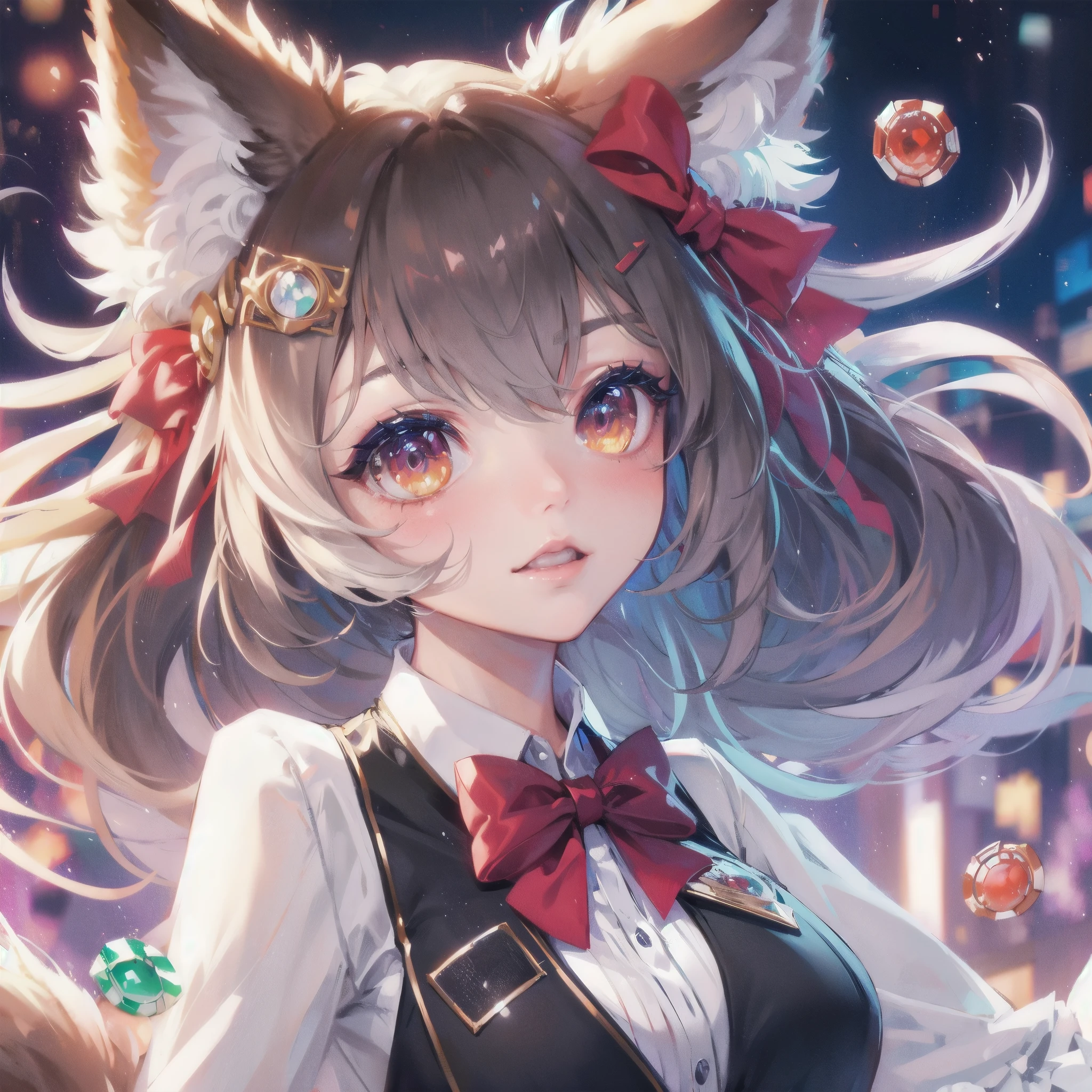  masterpiece, (textured skin), best quality, gorgeous beautiful, (a beautiful girl,wolf ears),detailed clothes,large breasts,narrow waist,, (beautiful face), cinematic lighting, (fantasy anime art ),