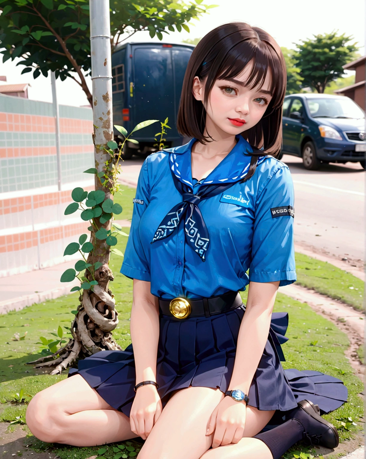 realistic anime illustration of pretty young girl, she is sitting cross-legged on school 's soccer field at sunny day, she has black shoulder length hair (+forehead, rolled up bangs), wearing pastel indigo-blue short sleeves collared shirt, navy-blue neckerchief with white outline clover leaves pattern, navy-blue pleated pencil long skirt, black belt with gold circle buckle, white socks and black mary-jane shoes, (1girl, solo,full body), (masterpiece, best quality, japanese anime style), BREAK, (pastel indigo-blue short sleeves collared shirt, navy-blue neckerchief with white outline clover leaves pattern, navy-blue pleated pencil long skirt, black belt with gold circle buckle, white socks and black mary-jane shoes)