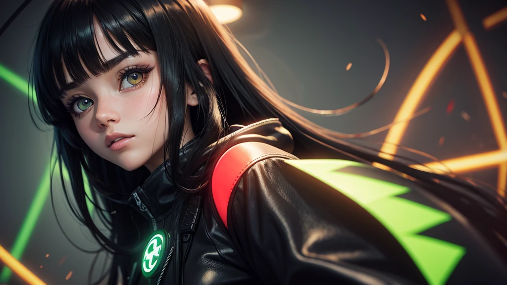 Clear photo, 8k ,Beautiful girl, young girl,((Anime girl)), ((red big eyes)), ((black long hair with bangs)), ((black medical mask on mouth)), ((leather medical mask)) in neon green hoodie, Background: blurred dark background, close-up, first person, neon lighting, neon circle on the background,