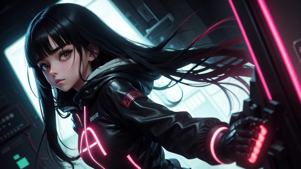 Clear photo, 8k ,Beautiful girl, young girl,((Anime girl)), ((red big eyes)), ((black long hair with bangs)), ((black medical mask on mouth)), ((leather medical mask)) in neon green hoodie, Background: blurred dark background, close-up, first person, neon lighting, neon circle on the background,