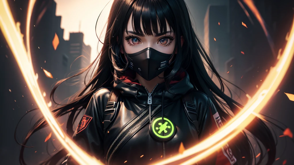 Clear photo, 8k ,Beautiful girl, young girl,((Anime girl)), ((red big eyes)), ((black long hair with bangs)), ((black medical mask on mouth)), ((leather medical mask)) in neon green hoodie, Background: blurred dark background, close-up, first person, neon lighting, neon circle on the background,