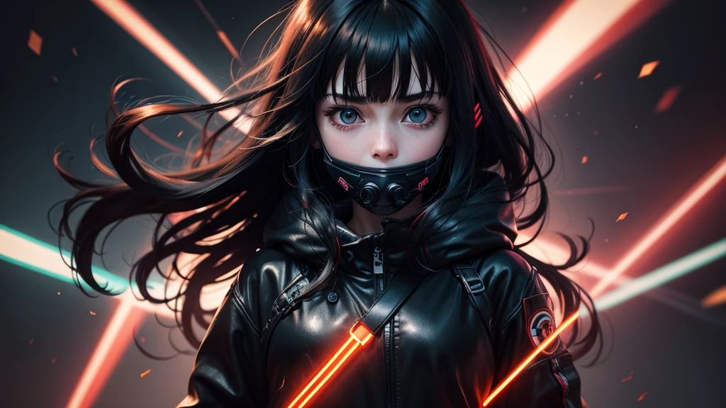 Clear photo, 8k ,Beautiful girl, young girl,((Anime girl)), ((red big eyes)), ((black long hair with bangs)), ((black medical mask on mouth)), ((leather medical mask)) in neon green hoodie, Background: blurred dark background, close-up, first person, neon lighting, neon circle on the background,