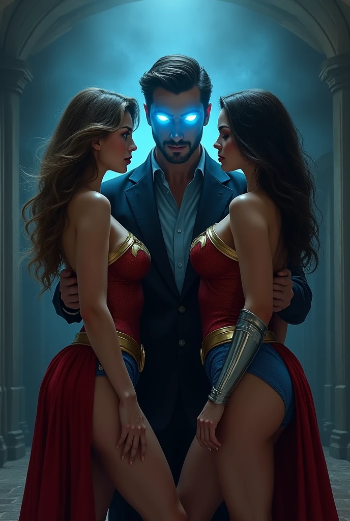((Supergirl and wonder woman ))got Hypnotized by a man with blue glowing eyes
hot and sexy big chest ,hot pose