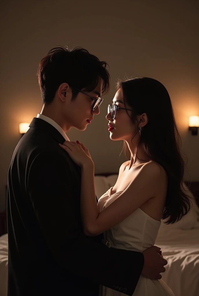 Superstar man, Korea look, innocent woman, glasses girl, wearing dress off top, long hair, indoors, bed in background, night, room, erotic