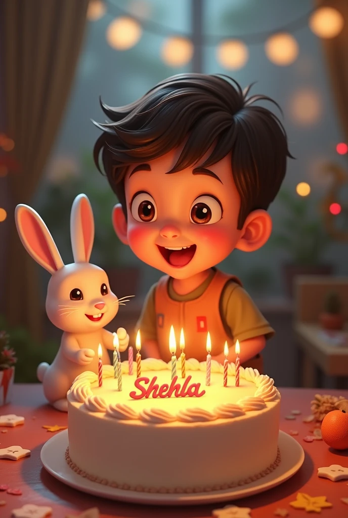 A boy celebrate birthday having birthday cake* Shehla* name written on cake and also rabbit present here