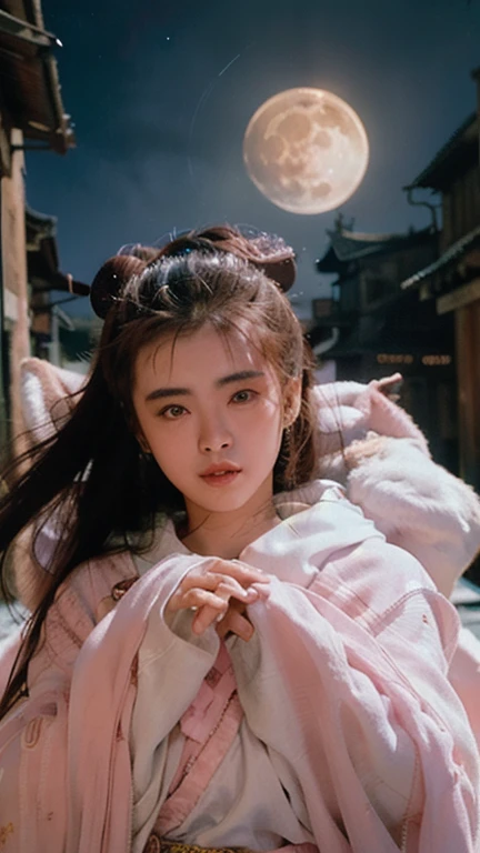 Nie Xiaoqian,Huang Xu Xian, BG_picture, (Pink Cloak:1.4), hair bun,alone,1 woman,long hair,angel,realistic,Chinese clothes,Hanfu,hair bun,lips,parted lips,Look at the viewer.,upper body(A background with ancient Chinese city:1.2),(amidst a full blood moon.:1.3),, best quality , Masterpiece, illustration, Very delicate and beautiful, มีรายvery detailed ,CG,unity,8K wallpaper, miracle, exquisite details, Masterpiece, best quality,official art,มีรายvery detailed CG unity 8K wallpaper,nonsense, incredibly nonsense, Big file size , very detailed, height, มีรายvery detailed,Beautiful girl with details, มีรายvery detailed eyes and face, Beautifully detailed eyes,light on face,