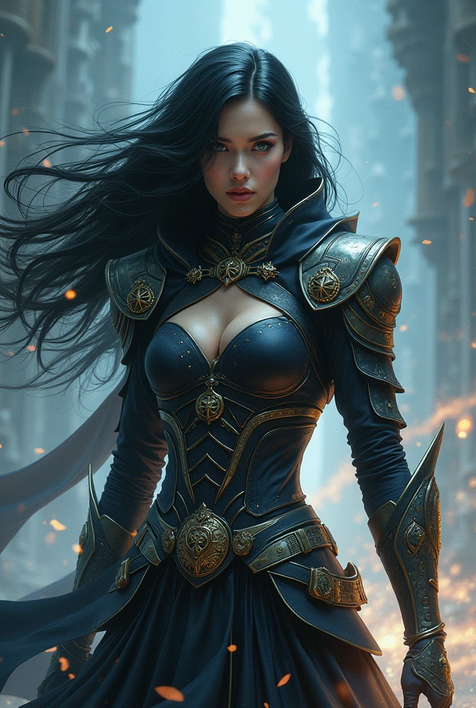 Warrior woman, daughter of God, black hair, data analysis, quite a lot of clothes 