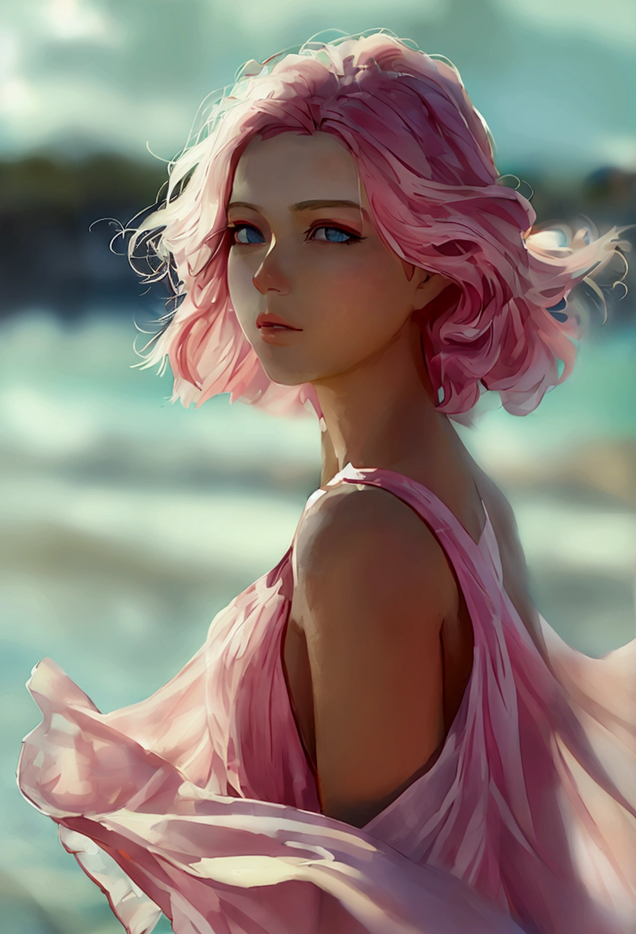 "Capture a high-definition close-up of an elegant woman standing on a serene beach, bathed in soft sunlight. She is wearing a chic pastel pink summer dress that drapes gracefully, complementing her delicate pink skin tone. Her short, flowing pink hair glistens with ethereal, subtle pink flames, creating a striking contrast with her serene surroundings. Her soft, pastel makeup beautifully highlights her refined features. The entire image is suffused with a harmonious pink hue, blending realism and dreamlike artistry. The beach serves as a blurred backdrop, allowing the focus to remain on her, evoking a sense of tranquility and beauty."