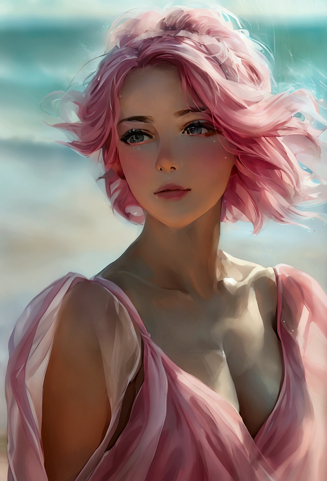 "Capture a high-definition close-up of an elegant woman standing on a serene beach, bathed in soft sunlight. She is wearing a chic pastel pink summer dress that drapes gracefully, complementing her delicate pink skin tone. Her short, flowing pink hair glistens with ethereal, subtle pink flames, creating a striking contrast with her serene surroundings. Her soft, pastel makeup beautifully highlights her refined features. The entire image is suffused with a harmonious pink hue, blending realism and dreamlike artistry. The beach serves as a blurred backdrop, allowing the focus to remain on her, evoking a sense of tranquility and beauty."