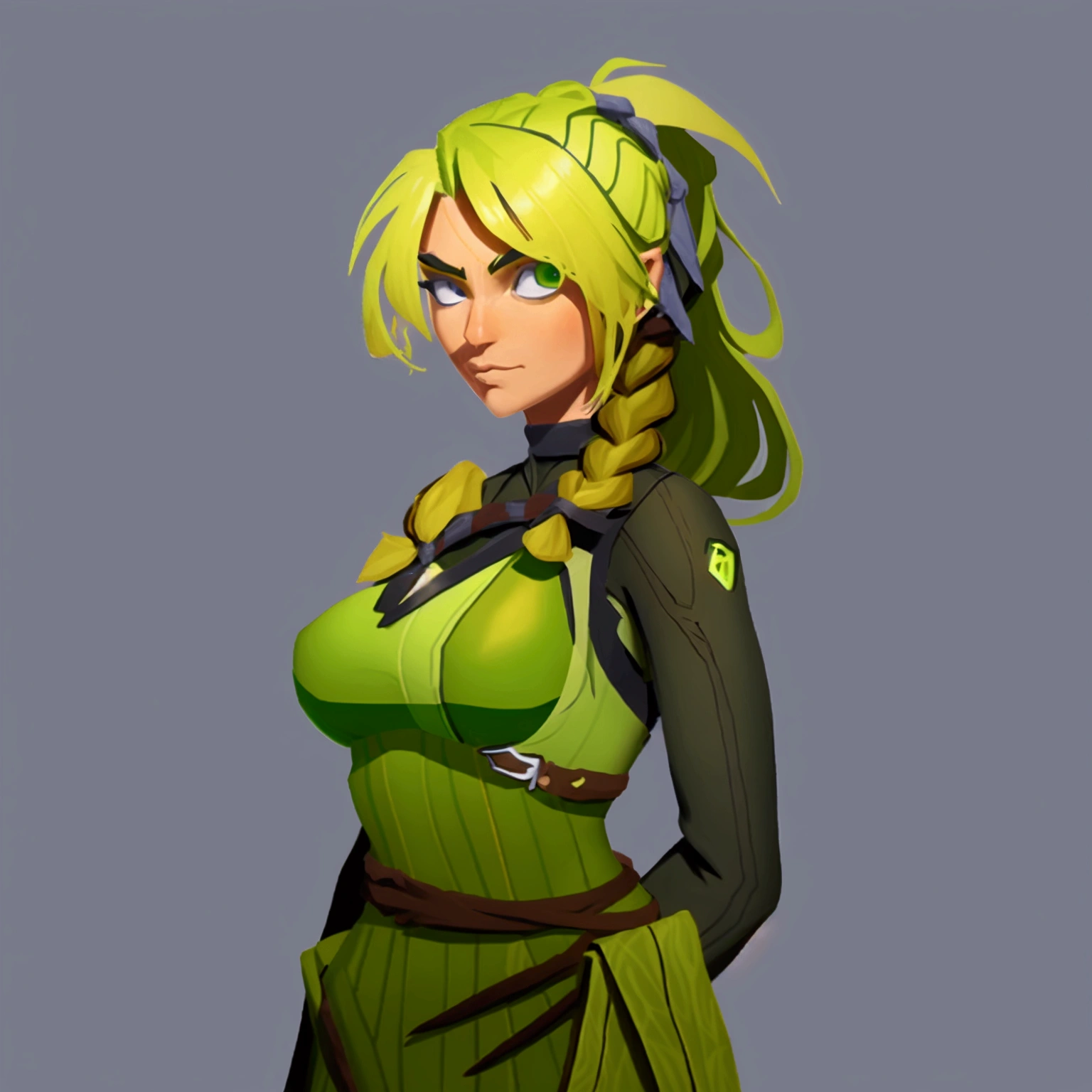 concept art, European and American comics, game character design, RPG Fantasy Game Characters, solo, 20-year-old European woman, golden hair, long hair, braid (((Lime green fabric combat suit))),white background, Brown eyebrows ,holding a bow,black eye, Focused on the upper body, Make your face look bigger,((Draw only up to the waistline))), (((Zoom in so the face is clearly visible))), (((Focused on the upper body))), Lime green short-sleeved top, A cloak with a hood, Brown corset, Lime green gloves, Brown waist belt, The belt buckle is lime green, Short lime green skirt, holding a bow, Wearing a quiver, 