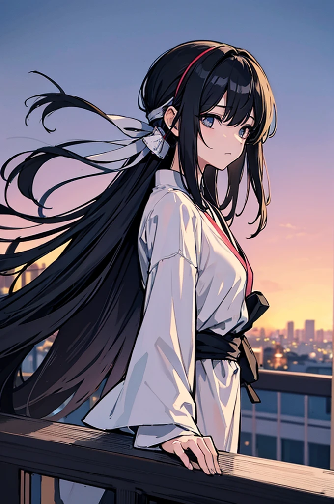 listening to music through headphones while gazing into the distance from the balcony、I am wearing a thin nightshirt.、Night city in the background、in the style of old Japanese anime、Black Hair、Hair tied up、Being on the veranda