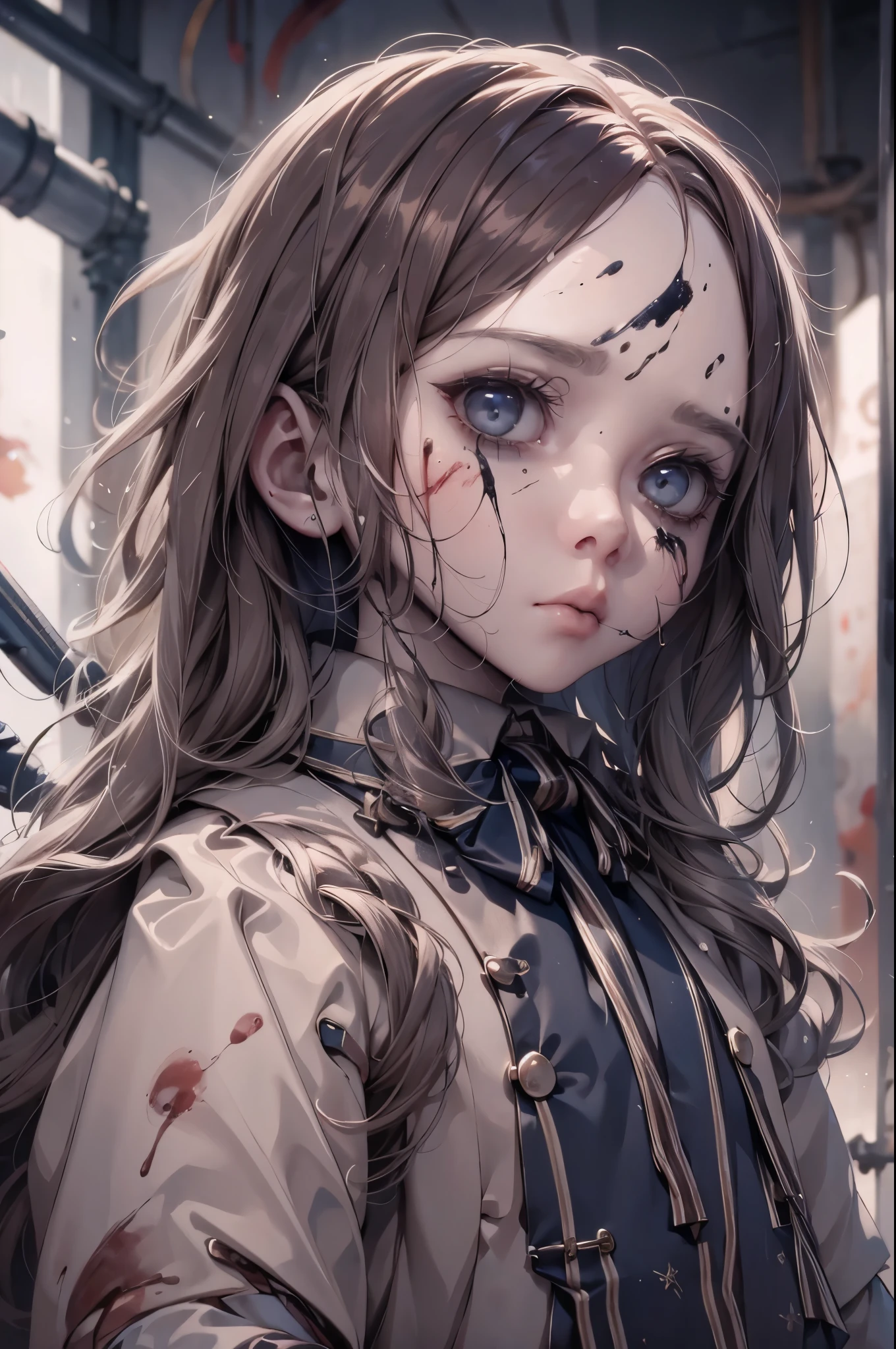 An oil-stained female humanoid robot、Ｍ3GEN、Horror、Half-body photo、double eyelid、Disheveled Hair、Dark eyes devoid of light、Lips stained with blood、Small Nose、Expressionless、A look of determination、Ultra-high resolution、Super detailed、Dirty clothes、A large amount of blood、scared、The cracked face reveals the machinery inside.、Face covered in blood、Oil is leaking from the eyes、Adorable。