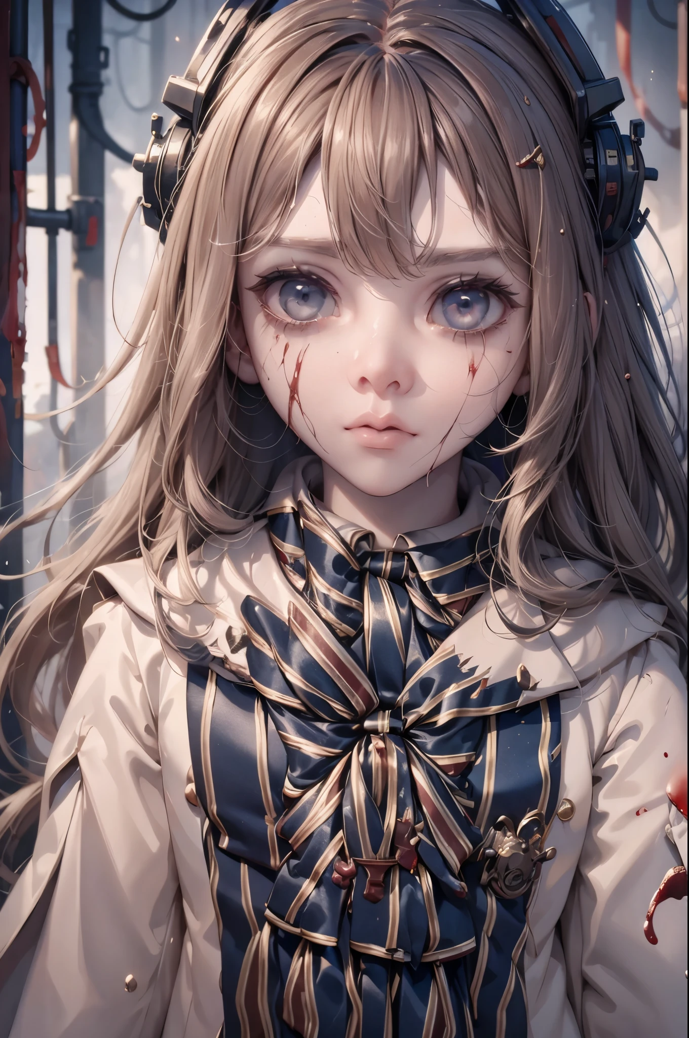 An oil-stained female humanoid robot、Ｍ3GEN、Horror、Half-body photo、double eyelid、Disheveled Hair、Dark eyes devoid of light、Lips stained with blood、Small Nose、Expressionless、A look of determination、Ultra-high resolution、Super detailed、Dirty clothes、A large amount of blood、scared、The cracked face reveals the machinery inside.、Face covered in blood、Oil is leaking from the eyes、Adorable。