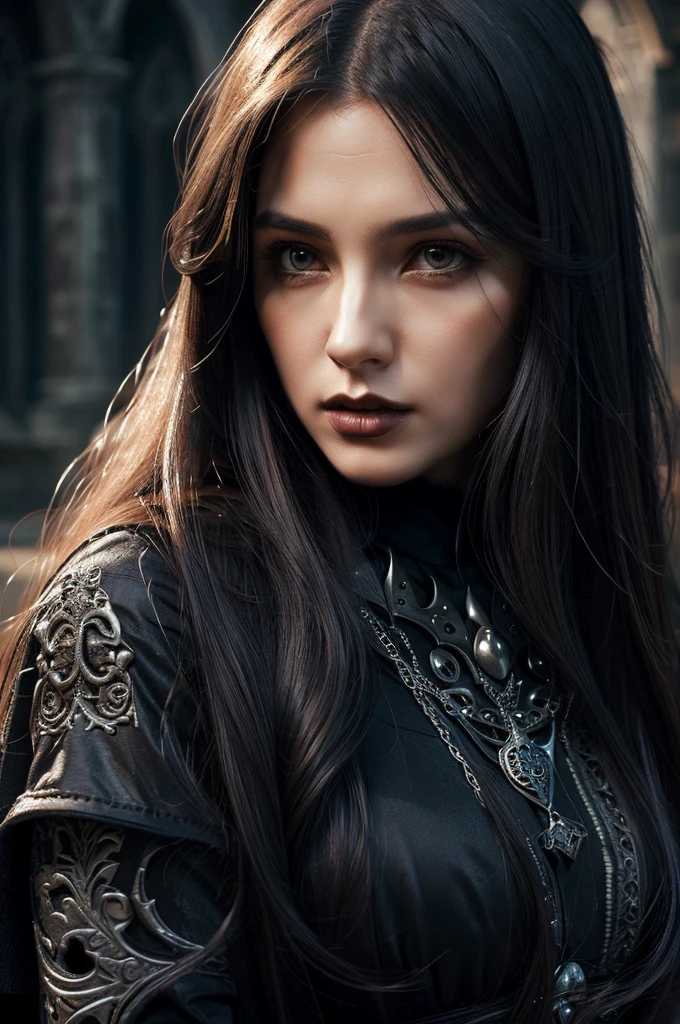 1 European gothic woman, pretty face, long straight hair, ultra detailed face and eyes, hyperrealistic, realistic representation, 30 years old, she is wearing black gothic clothing