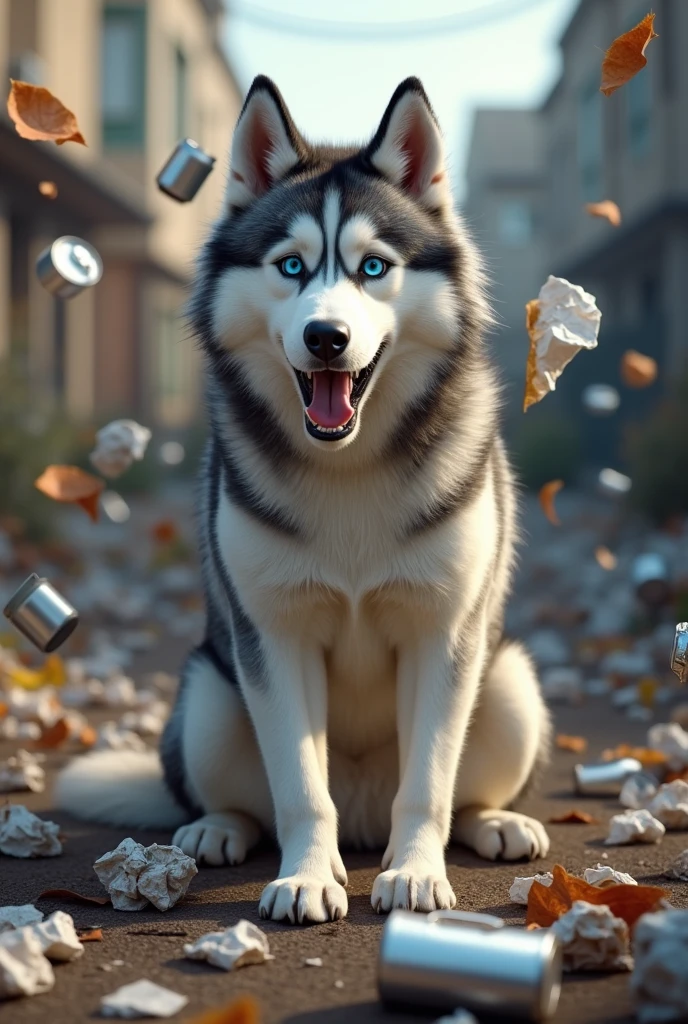 Siberian husky throwing trash