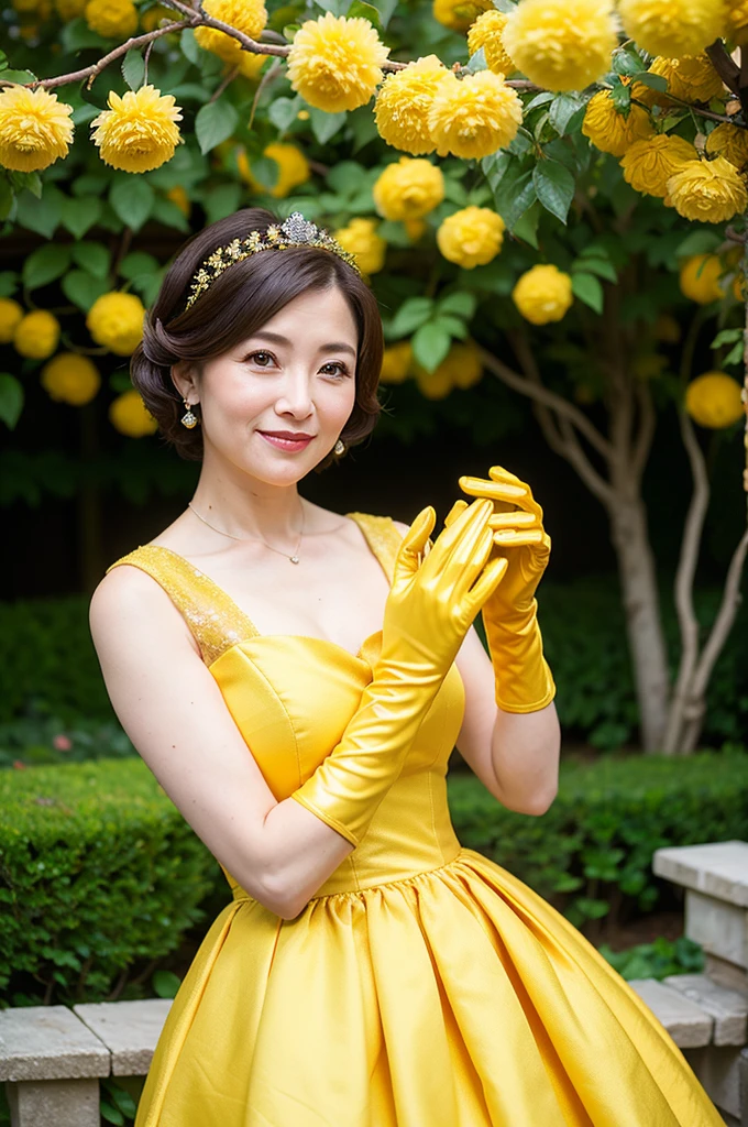 ((Masterpiece)), ((Best Quality)), A middle-aged short-hair woman, ((She is wearing an ornamental yellow wedding dress)), She is wearing gloves on her hands., outdoor, She is in a garden.