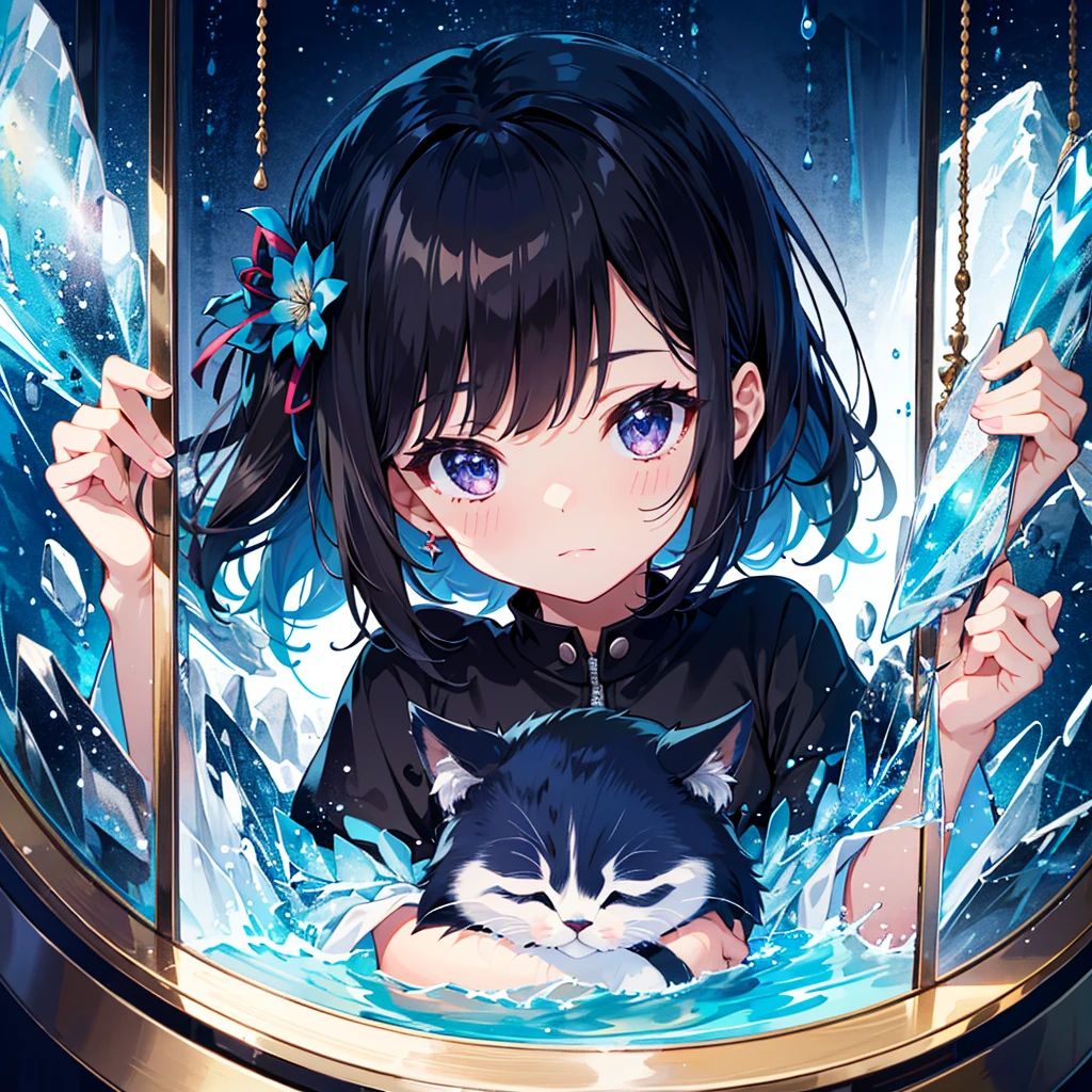 {{{Masterpiece, highest quality, high resolution background}}}, bright and beautiful atmosphere, 1 girl (7 years old, round face, baby face), small breasts, pet shop, kitten sleeping through glass, looking at kitten A cute dress that makes girls' eyes sparkle, "deltamon_sdXL :0.73)>Deltamon"