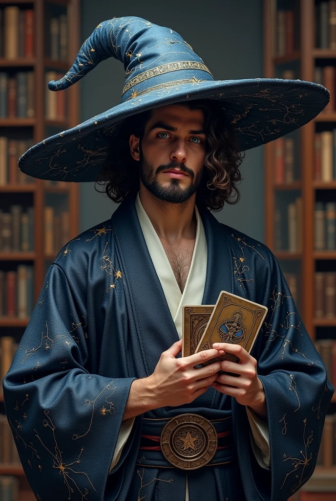 28 years old french male, tall, elegant kimono with constellation patterns, fluffy hairy chest, mid-long curly hair with some blue highlights, bright blue eyes, short beard, young adult wizard, massive giant pointy hat, wizard hat, ((holding tarot cards):1.2), in a library, super realistic, ultra detailed