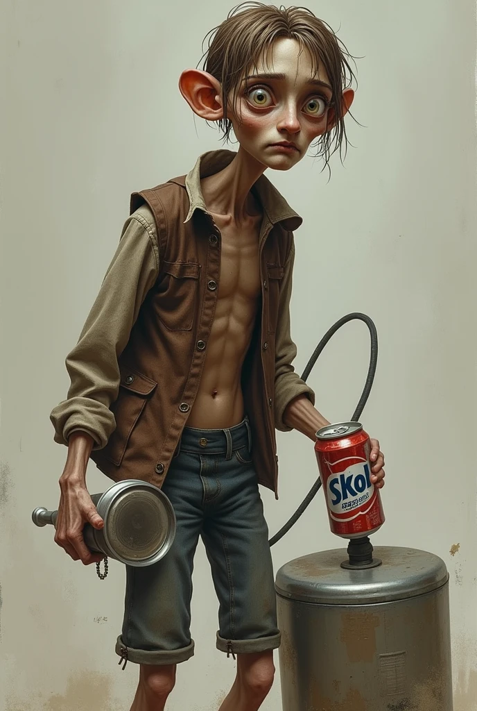 create a man who is extremely skinny with light eyes, short and brown hair, He uses an appliance and has a can of Skol in his hand