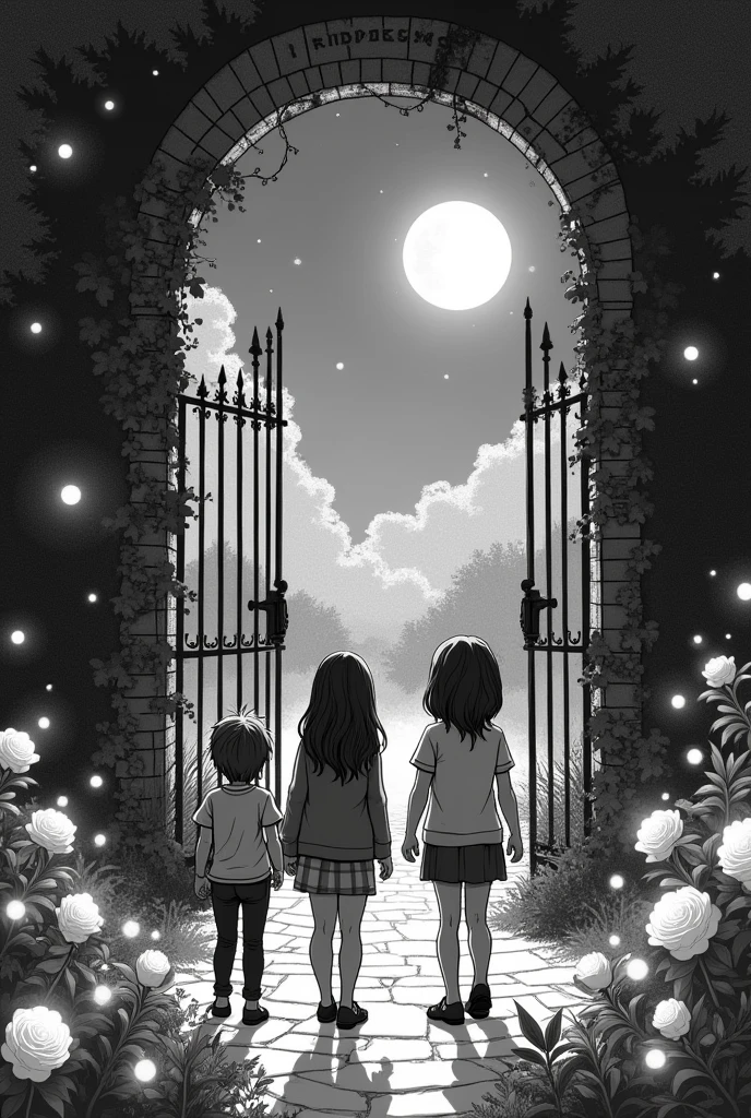A black and white comic image
**Image Description**:
- **Foreground**: Three children—Lila, Max, and Zoe—standing in awe before an ancient, iron gate entwined with ivy. The gate is partially open, revealing a glimpse of the magical garden beyond.
- **Middle Ground**: A lush, ethereal garden illuminated by soft, silvery moonlight. The scene features glowing roses and shimmering fireflies floating gently around.
- **Background**: The moon high in the night sky casting a magical glow over the garden. A delicate moon sprite named Luna hovers near a stone archway with a riddle inscribed on it, adding an element of enchantment.
- **Overall Atmosphere**: Mystical and serene, with the garden bathed in an otherworldly light. The image should evoke a sense of wonder and magic, capturing the essence of the adventure and the beauty of the garden.